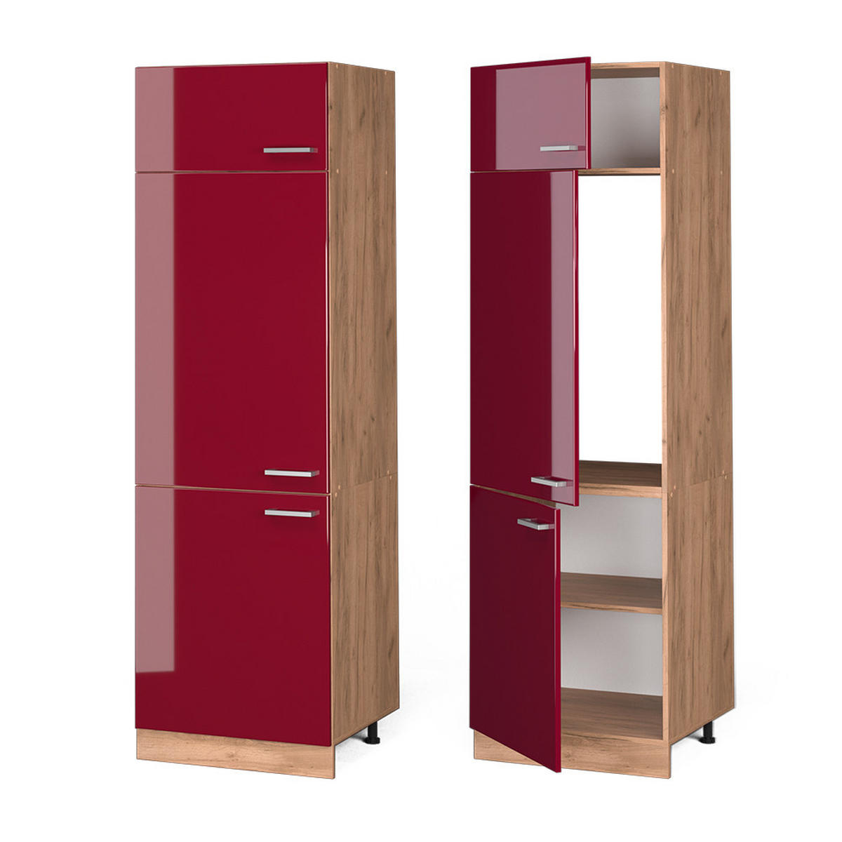 KÜHLUMBAUSCHRANK R-Line Rot Hochglanz 60 cm - Honigeiche/Bordeaux, Holzwerkstoff (60/206.8/57.2cm) - Vicco