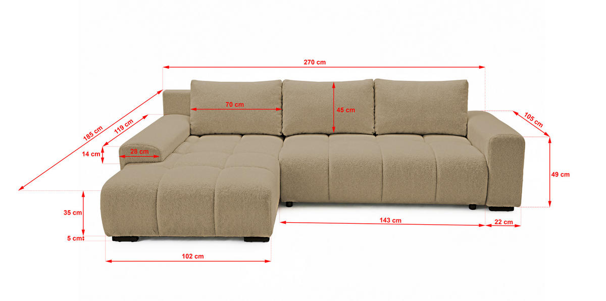 ECKSOFA Ovia mit Bettkasten und Schlaffunktion, Bouclé-Stoff in L-Form - Cappuccino, Textil (270/185cm)