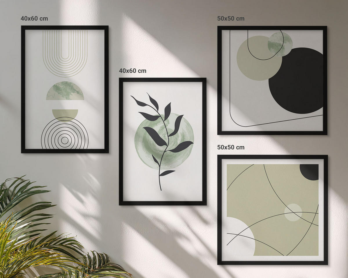 BILDER SET 4er Set - 50x50 cm & 40x60 cm Schwarzer Rahmen - Abstrakte Pflanzenmotive - Schwarz, Kunststoff (50/50cm) - TULUP