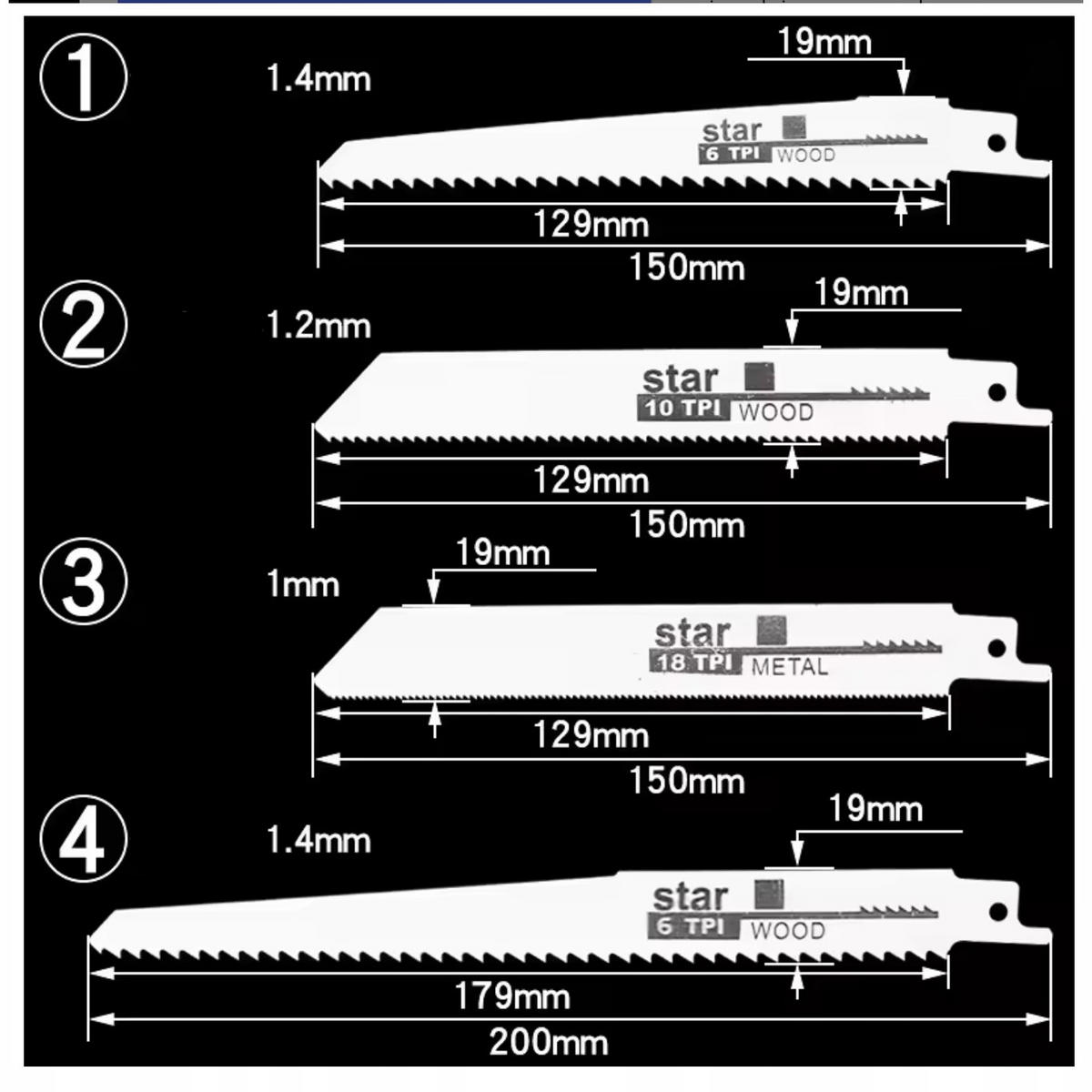 SÄBELSÄGEBLATT Universal 4-tlg. Set, 3x 150 mm 1x 200 mm, 19 mm, 6/10/18 TPI, Holz/Metall/PVC - Multicolor, Kunststoff/Metall (10/10/10cm)