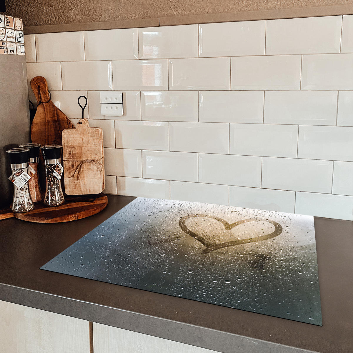HERDABDECKPLATTE Herz - Kondenswasser - Wasser - 3D Herdabdeckung Induktionsfeld 65x52 cm - Grau, Kunststoff (65/52/0.2cm) - MuchoWow