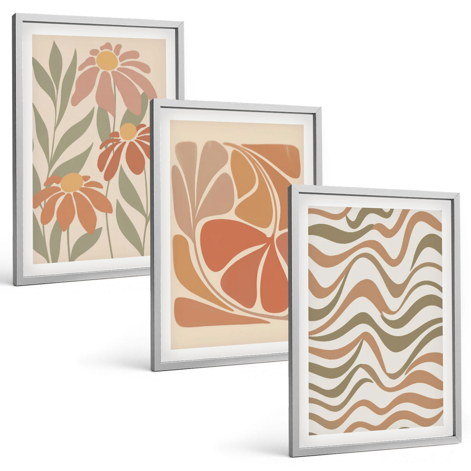BILDER SET 3er Set - 40x60 cm Silberner Rahmen - Abstrakte Pastellblumen - Silberfarben, Kunststoff (40/60cm) - TULUP