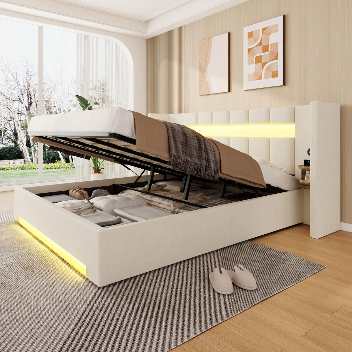 ČALOUNĚNÁ POSTEL 180/200 cm v béžové barvě s úložným prostorem, LED a USB - béžová, kov/kompozitní dřevo (180/200cm) - CHICFURN
