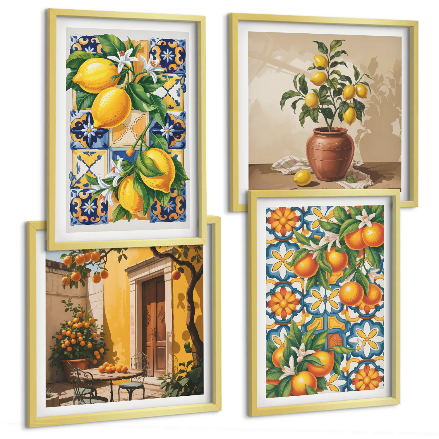 BILDER SET 4er Set - 50x50 cm & 40x60 cm Goldrahmen - Zitronenorange Blütenmuster - Goldfarben, Kunststoff (50/50cm) - TULUP