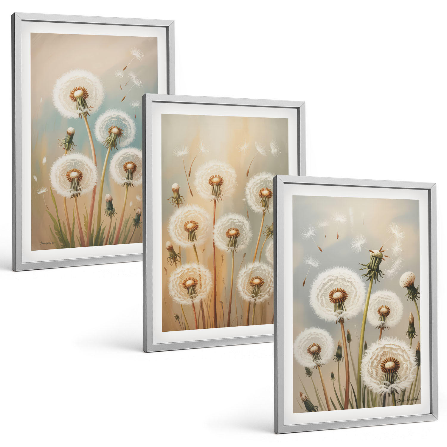 BILDER SET 3er Set - 40x60 cm Silberner Rahmen - Pastellfarbene Löwenzahnblüten - Silberfarben, Kunststoff (40/60cm) - TULUP