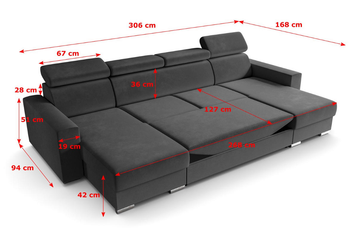 ECKSOFA in U-Form mit Schlaffunktion und Bettkasten Corner Sofa Bett Eckcouch Schlafcouch Ausziehbar FIX-U 306x168 cm Dunkelgrau - Dunkelgrau, Holzwerkstoff/Kunststoff (306/79/168cm) - ALTDECOR