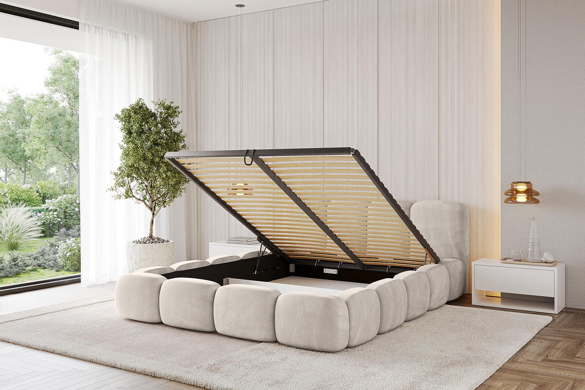POLSTERBETT mit Bettkasten und Lattenrost, Bett mit Matratze H3/H4 - KALA-v1 200x200 Beige - Beige, Holzwerkstoff/Textil (200/200cm) - ALTDECOR