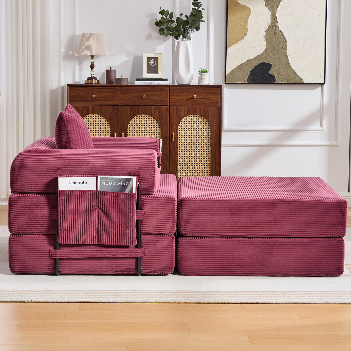 SOFA mit Hocker Cord 112 x 190 x 67 cm Wine Red - Rot, Kunststoff (190/67/112cm) - Meubliv