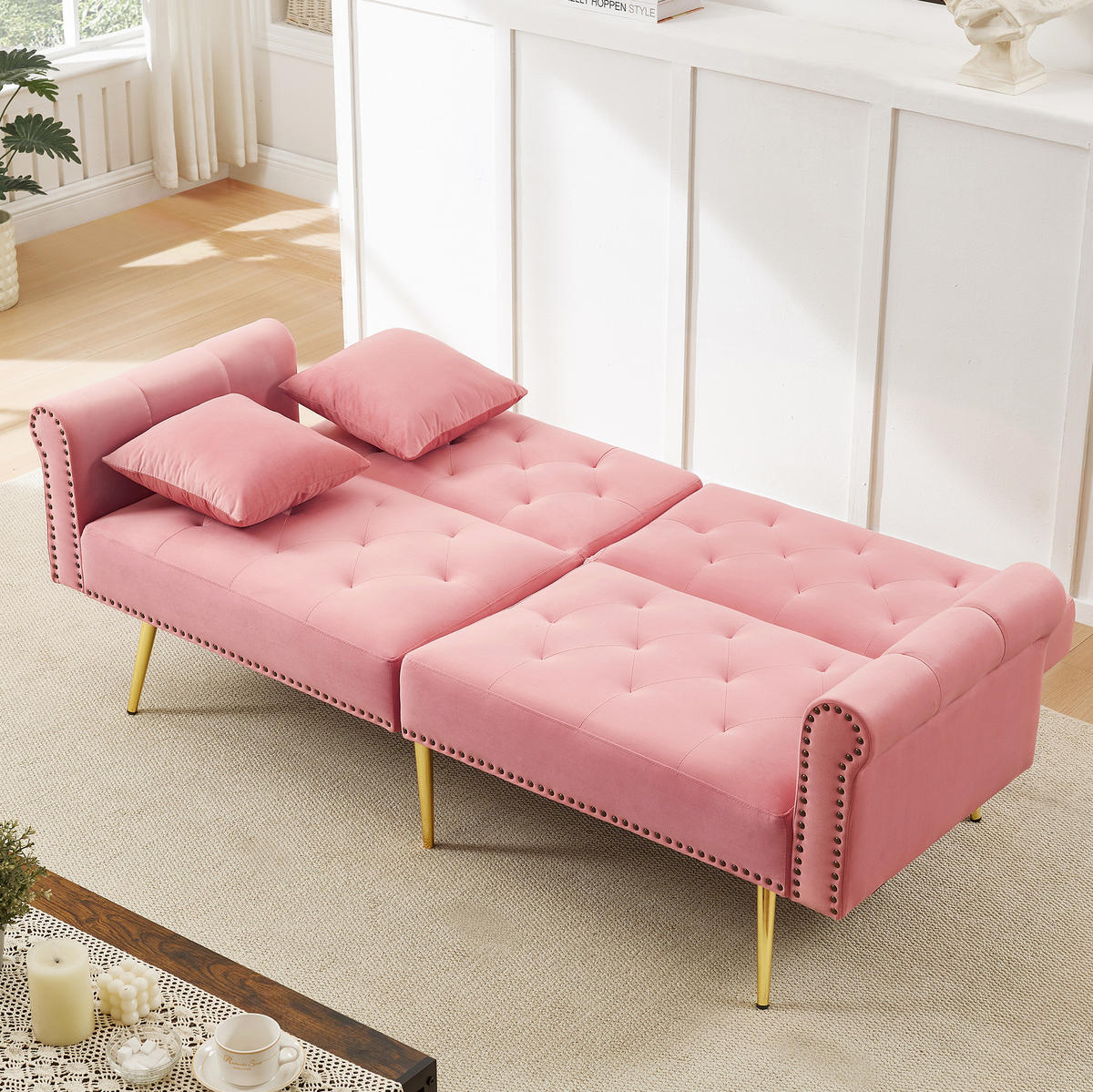 ROZKLÁDACÍ pohovka 147/85 cm růžová z sametu a pěny s nastavitelnými opěrkami - růžová, plast (173/70/75cm) - OKWISH