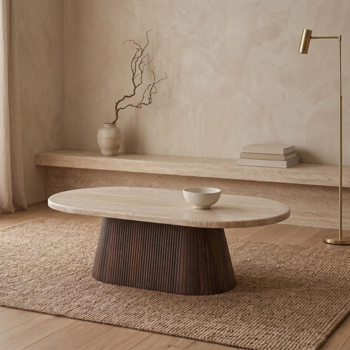 COUCHTISCH Dervio Travertin Tischplatte mit edlem Tischbein im Säulenstil - Beige/Braun, Stein (70/130/45cm) - alesvelt