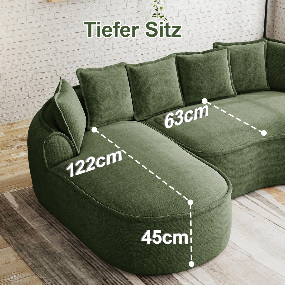 ECKSOFA chenille mit extra tiefer chaiselongue & rahmenlosem design - Grün, Textil (252/164cm) - Urban Meuble
