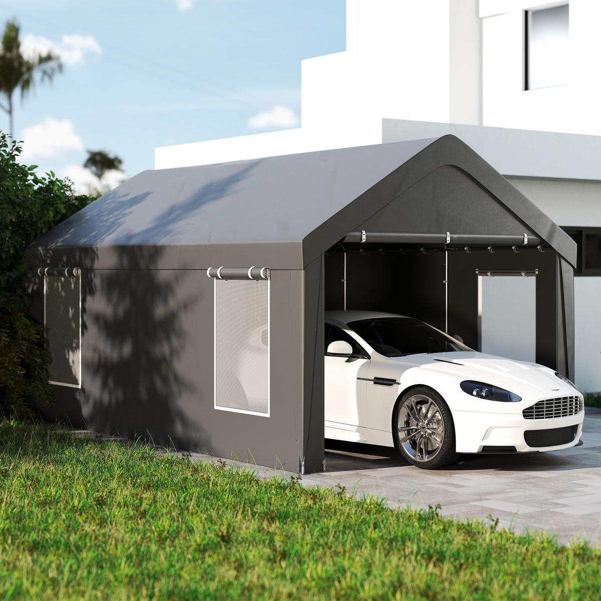 CARPORT DE-12659 300/600 cm mit 2 Rolltüren und 4 Fenstern Dunkelgrau - Dunkelgrau, Kunststoff (303/280/600cm) - ComfortXL