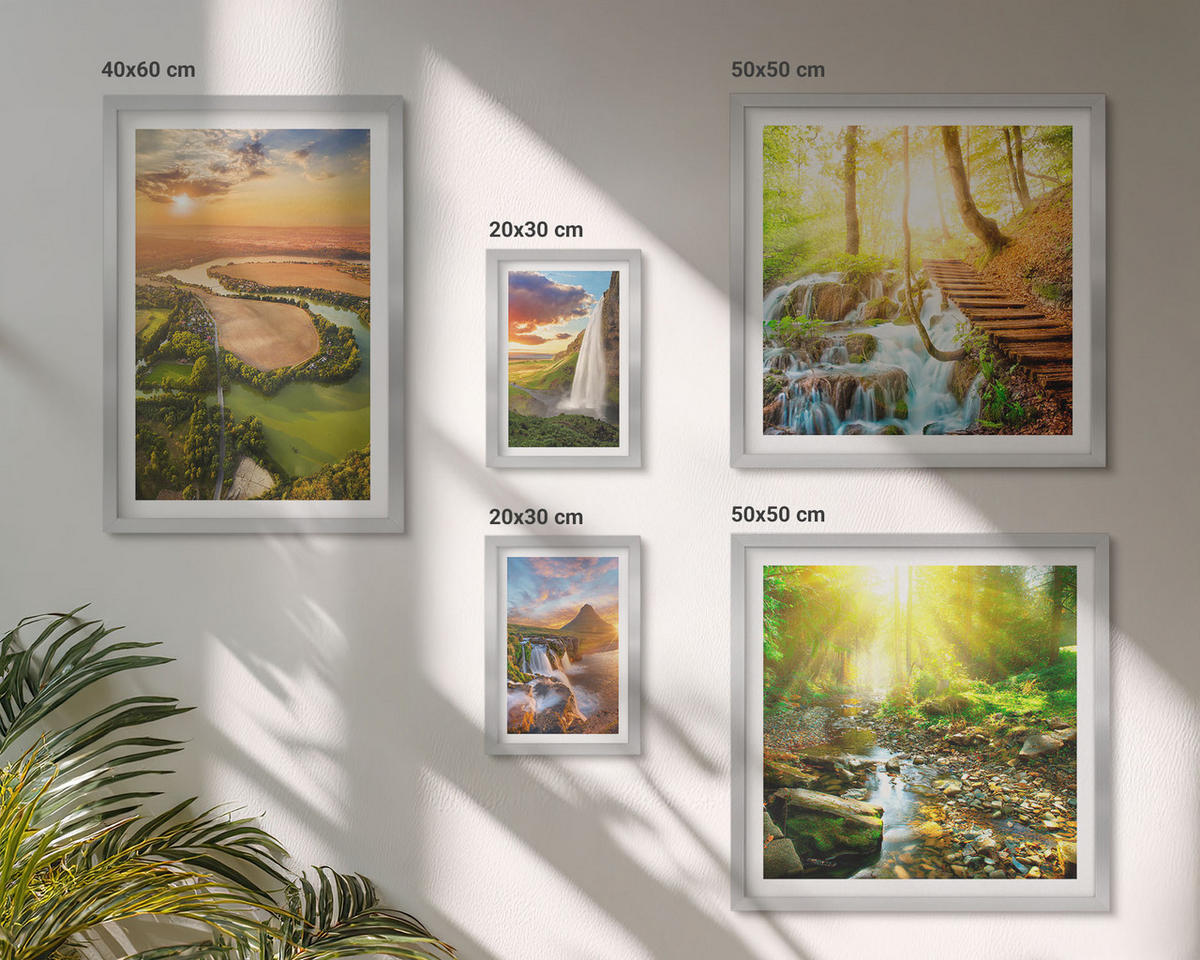 WANDBILDER 5er Set - 50x50 cm & 20x30 cm & 40x60 cm Silberner Rahmen - Orange Mountain Wasserfall - Silberfarben, Kunststoff (40/60cm) - ArtPrintCave