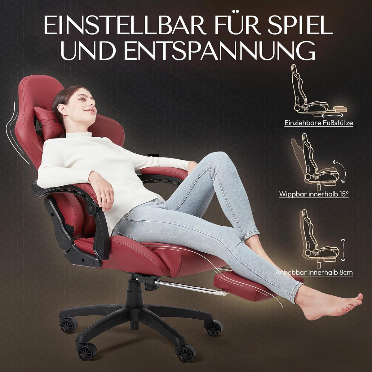 GAMING-STUHL Ergonomisch Verstellbarer 90°-170° Für Homeoffice/Gaming - Rot, Leder (60/115/60cm)
