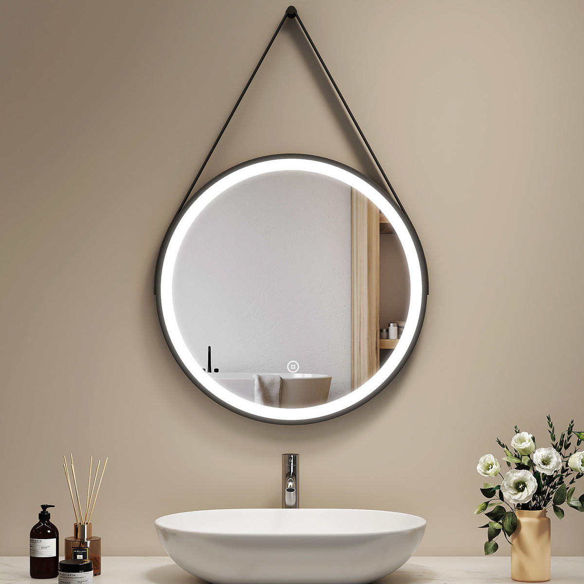 BADSPIEGEL mit Beleuchtung mit Hängeriemen Schwarz ф50 cm - Schwarz, Glas (50/3/50cm) - EMKE