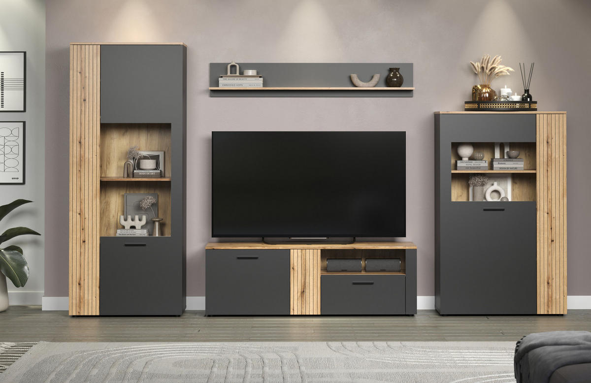 HIGHBOARD grau, Evoke Eiche 90 x 146 cm, Vitrine 2-türig - Eichefarben/Anthrazit, Holzwerkstoff/Kunststoff (90/146/42cm) - Top.Furn