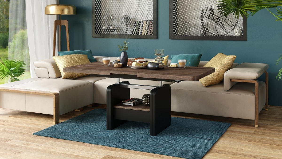 COUCHTISCH rechteckig Eiche dunkel - Schwarz höhenverstellbar ausziehbar - Schwarz/Braun, Holzwerkstoff (75/180/75cm) - designimpex