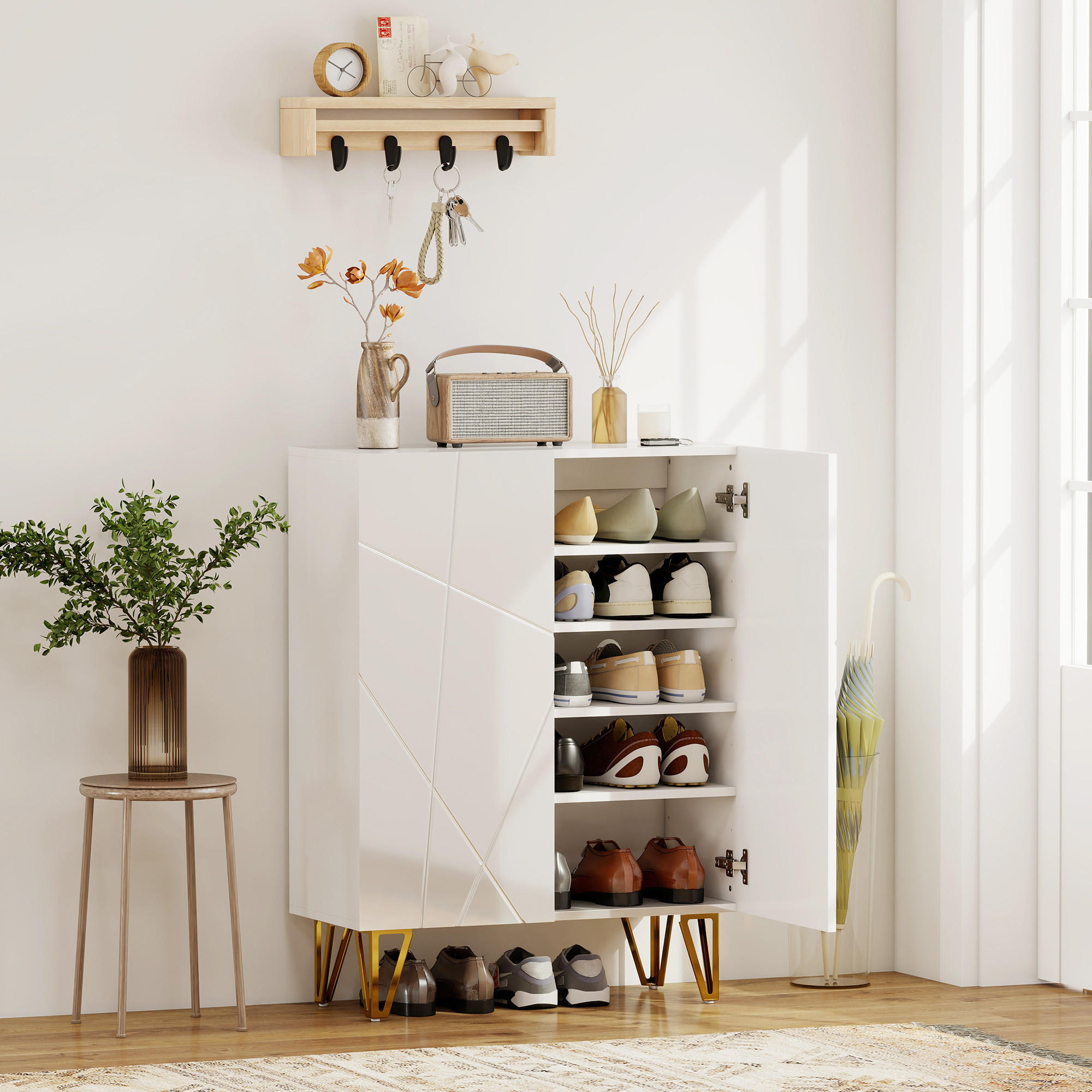 SCHUHSCHRANK mit 2 Türen, Schuhregal, Schuhaufbewahrung mit 4 Ablagen Weiß - Weiß Hochglanz/Goldfarben, Holzwerkstoff/Metall (31.5/95/72cm) - HOMCOM