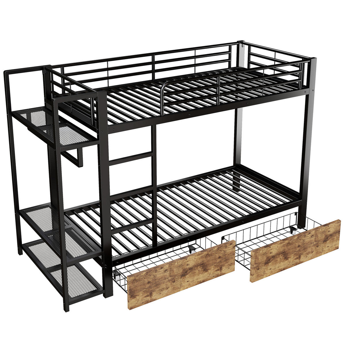 ETAGENBETT 90/200 cm aus Metall mit LED-Beleuchtung und 2 Schubladen - Schwarz, Metall - BEAOK