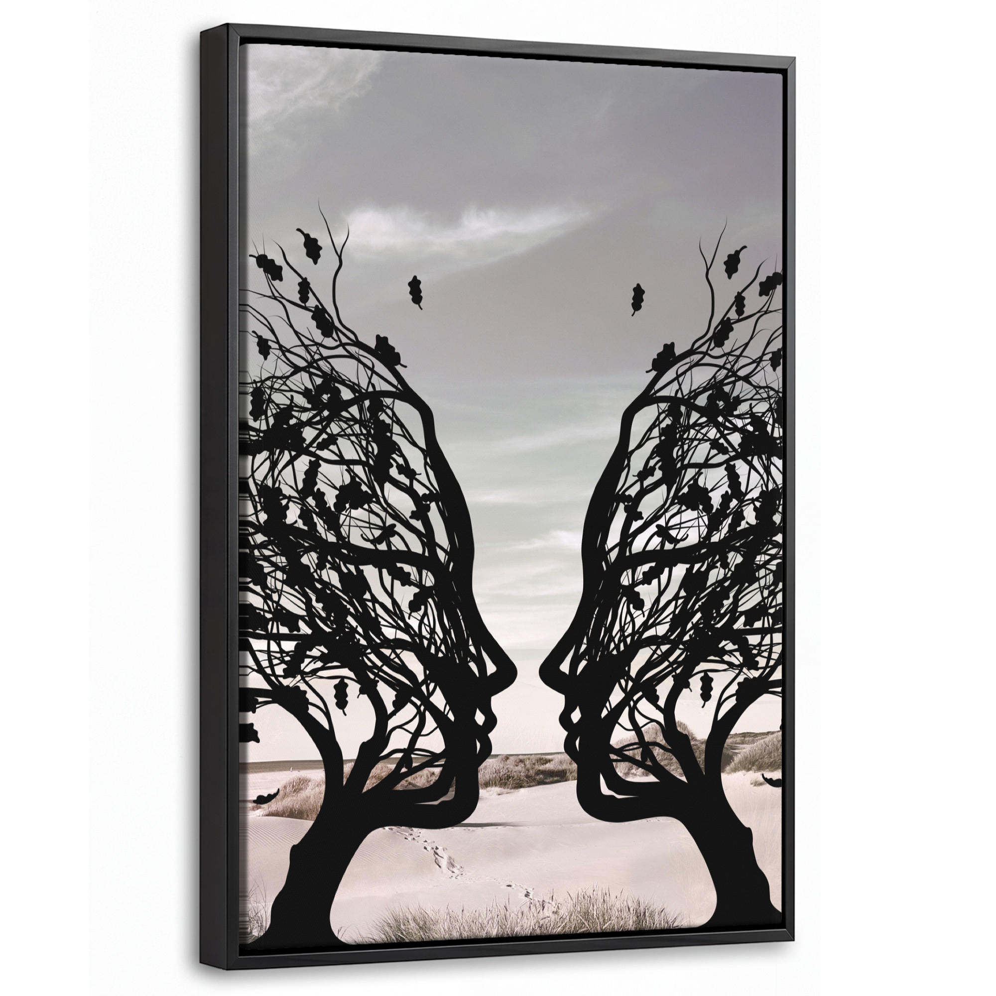 LEINWAND Bilder mit Rahmen - Strand - Meer - Menschen - Baum - Moderne Kunst - 40x60 - Hellgrau, Textil (40/60cm) - MuchoWow