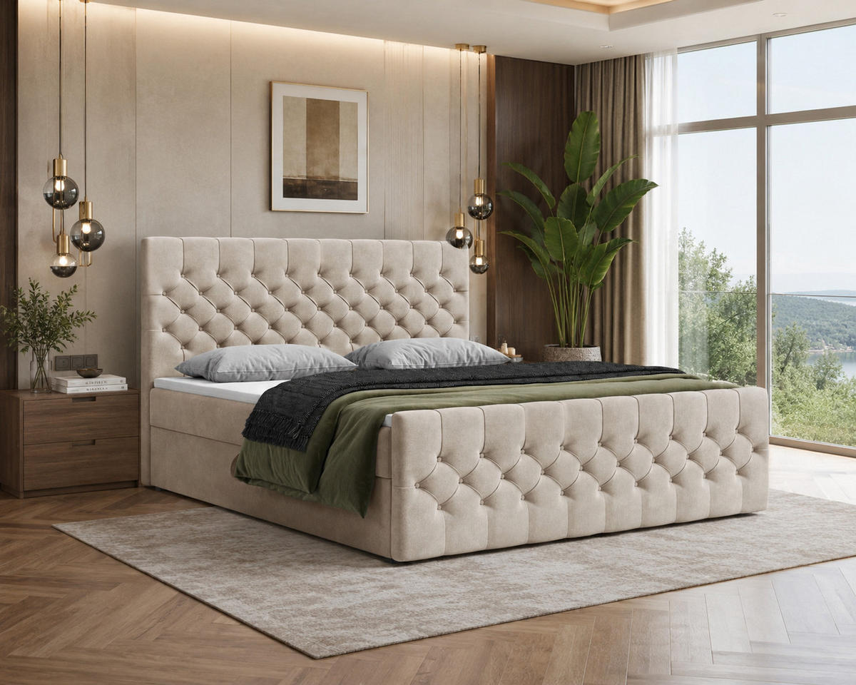 BOXBETT 12 140 x 200 cm - Manila - Modernes Polsterbett mit Bettkasten inkl. PU-Schaum-Topper und Federmechanismus - Beige, Holz (140/200cm) - ROYAL24_MARKT