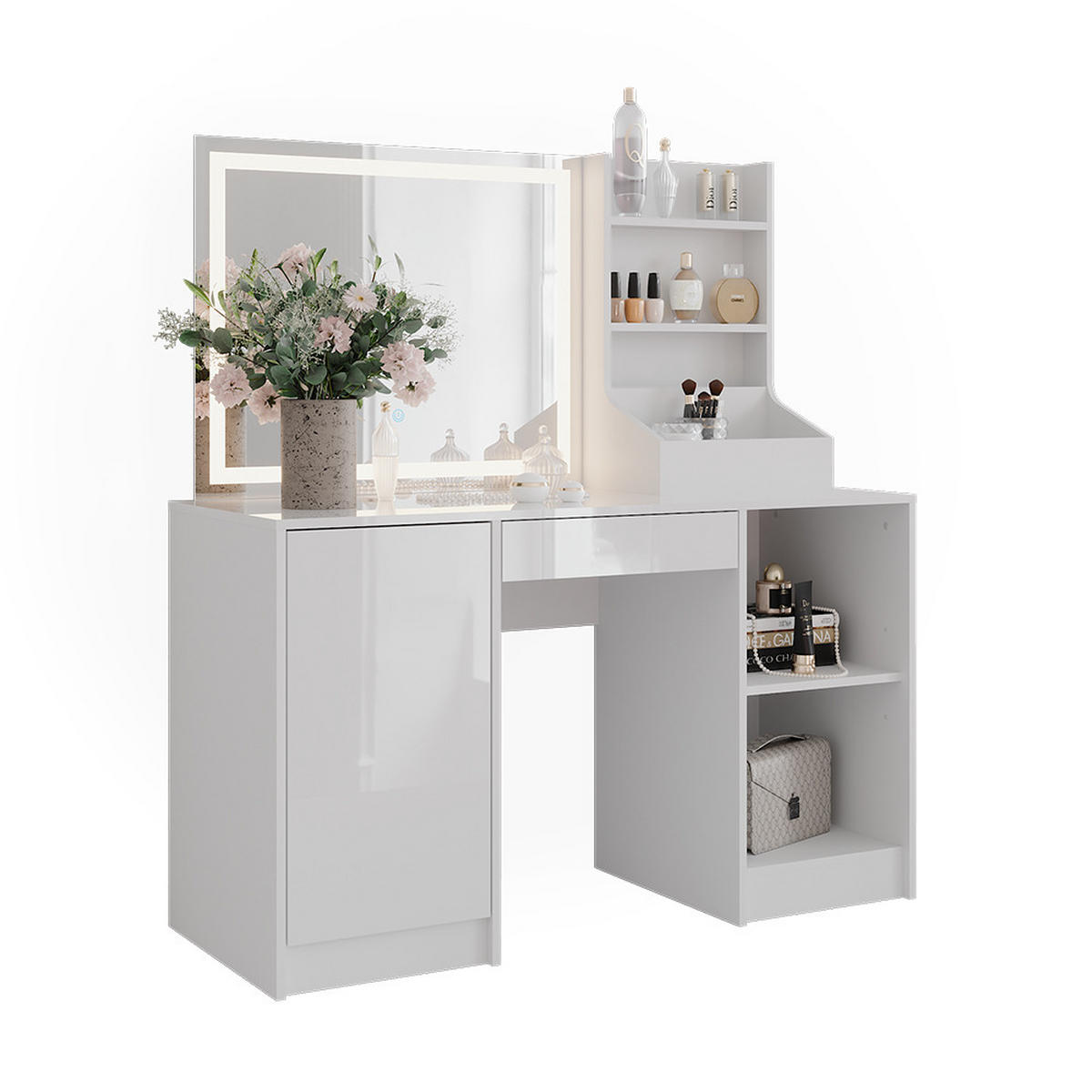 SCHMINKTISCH Sherry Weiß/Weiß Hochglanz 128.2 cm mit LED-Spiegel - Weiß Hochglanz, Holzwerkstoff (128.2/76/50.1cm) - Vicco