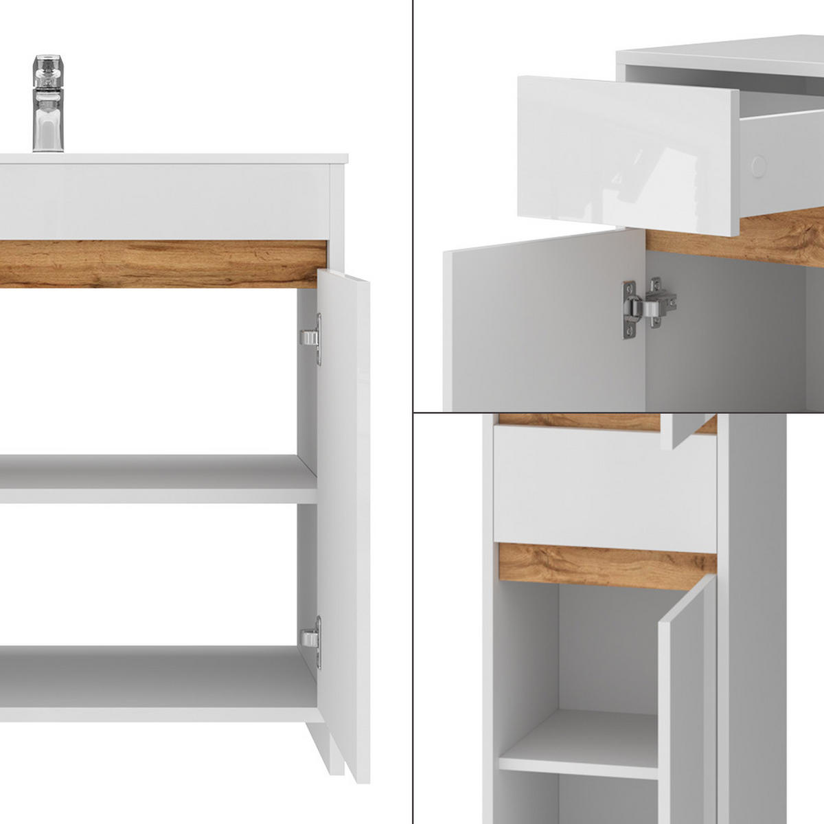 BADMÖBEL-SET Lemgo Weiß Hochglanz 5er-Set - Honigeiche/Weiß Hochglanz, Holzwerkstoff (79.8/81.9/40cm) - Vicco