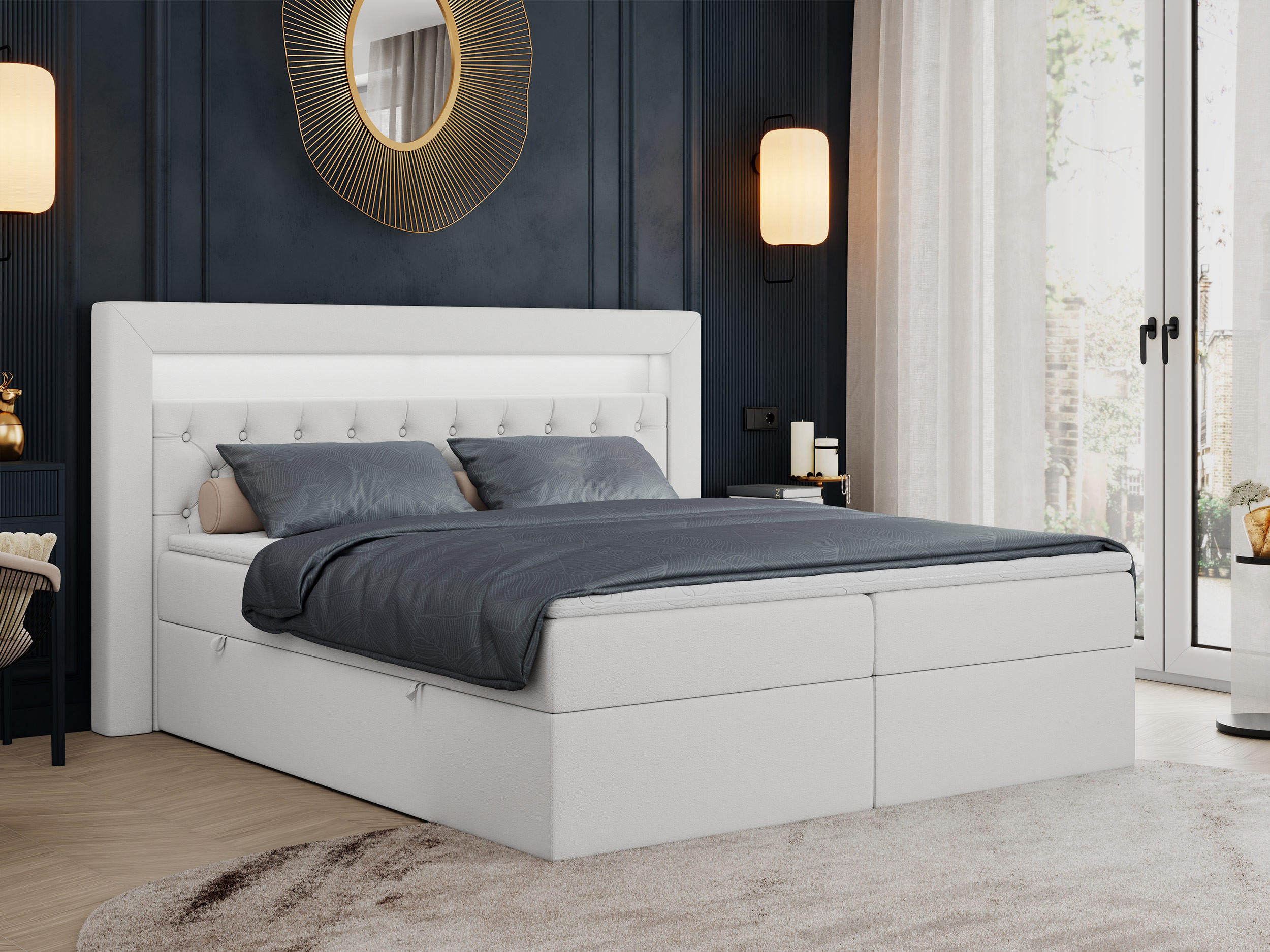 BOXBETT GOLD-6 LED 120/200 Weiß Kunstleder - H3 - Weiß, Holz/Textil (120/200cm) - MKS