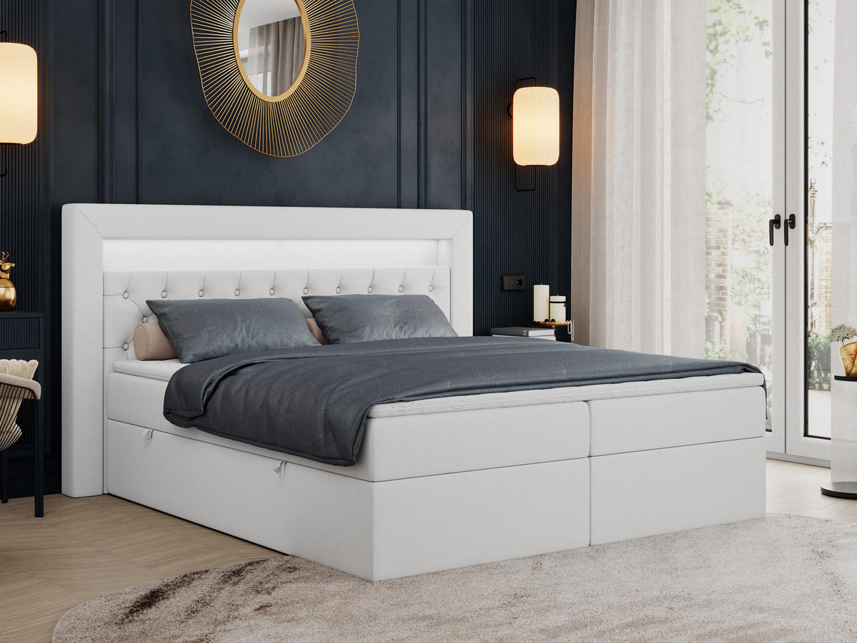 BOXBETT GOLD-6 LED 200/200 Weiß Kunstleder - H3 - Weiß, Holz/Textil (200/200cm) - MKS