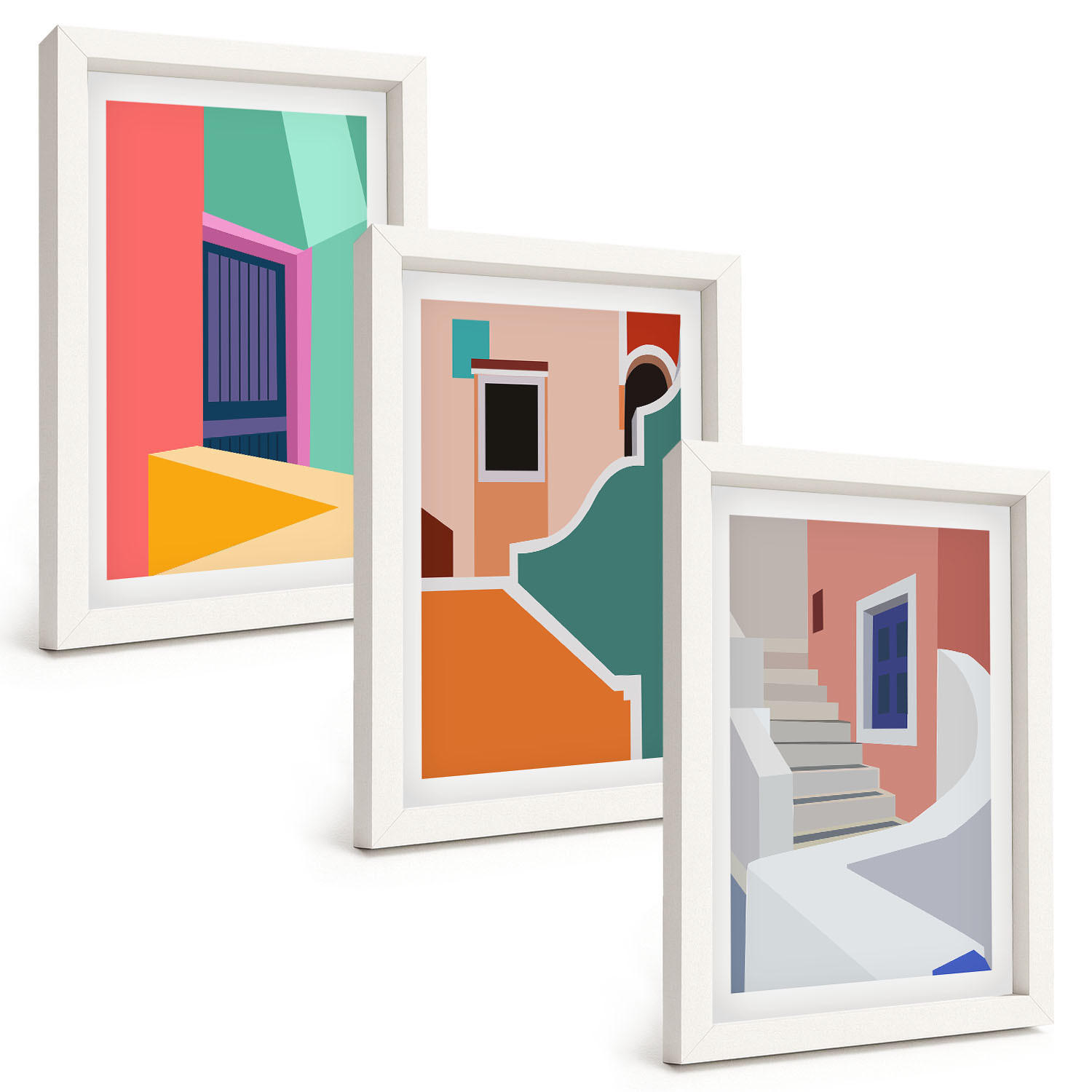 BILDER SET 3er Set - 20x30 cm Weißer Rahmen - Farbenfrohe Illustrationen von Gebäuden - Weiß, Kunststoff (20/30cm) - TULUP