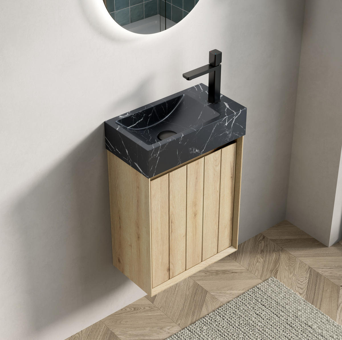 WASCHTISCH mit Marmorbecken kompakte Größe Marmor White Oak - Schwarz, Holzwerkstoff (22/58/40cm) - Beauniv