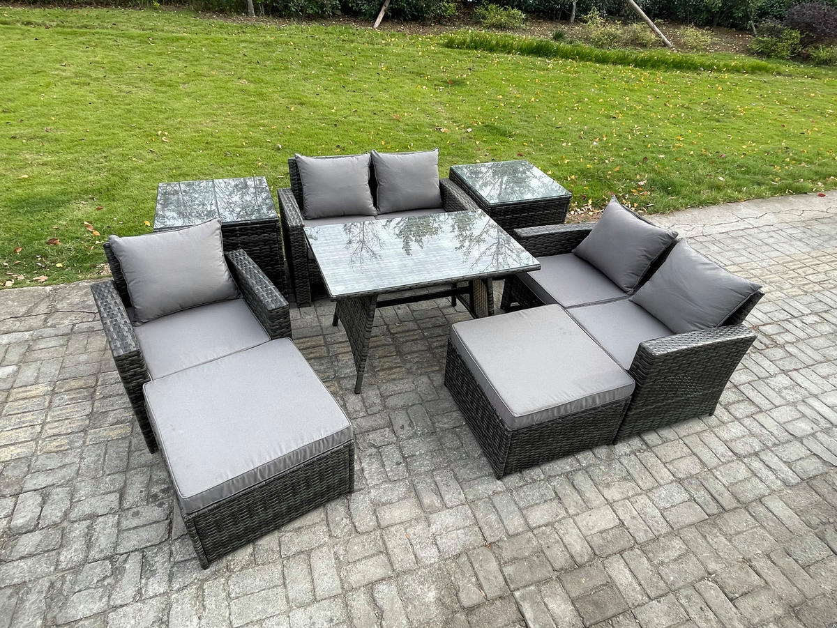 GARTENMÖBELSET mit ESSTISCH,HOCHLEHNER-SOFA Polyrattan Dunkelgrauer Mix 7-Sitzer - Dunkelgrau/Grau, Glas/Kunststoff - Fimous