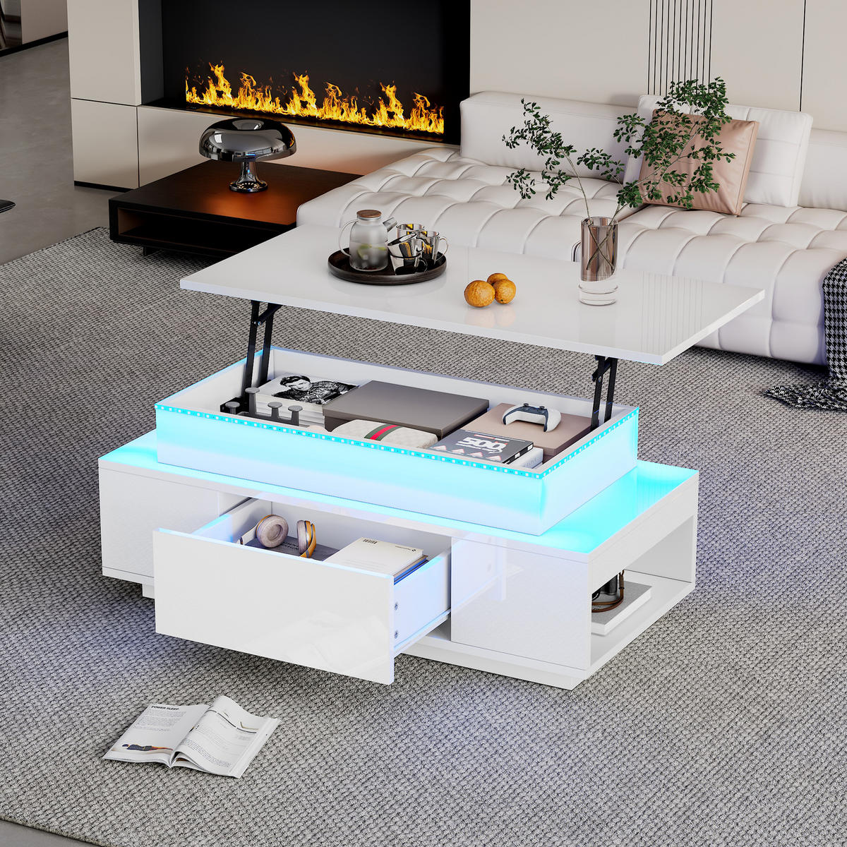 COUCHTISCH 96/45/40 cm Weiß Höhenverstellbar mit Stauraum und LED-Beleuchtung - Weiß, Holzwerkstoff (96/45/40cm) - OKWISH