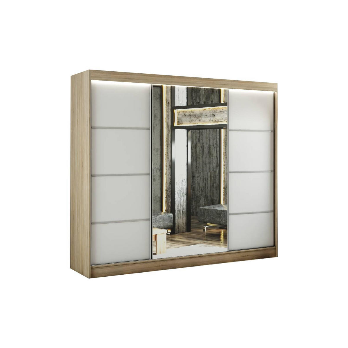 SCHIEBETÜRENSCHRANK RABI - Weiß/Sonoma Eiche, Holzwerkstoff (250/215/61cm) - Meblini