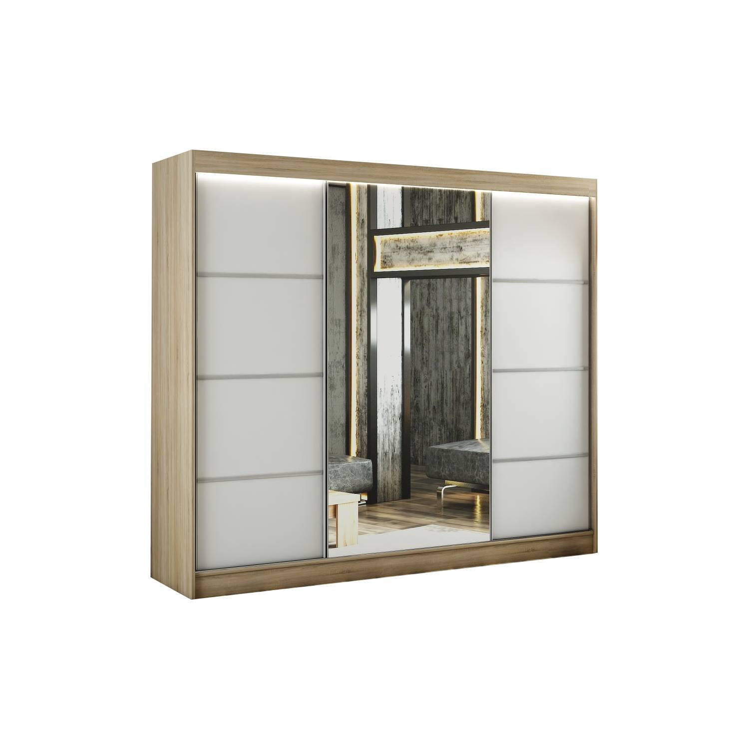 Meblini SCHIEBETÜRENSCHRANK Sonoma Eiche, Weiß 250cm × 61cm × 215cm