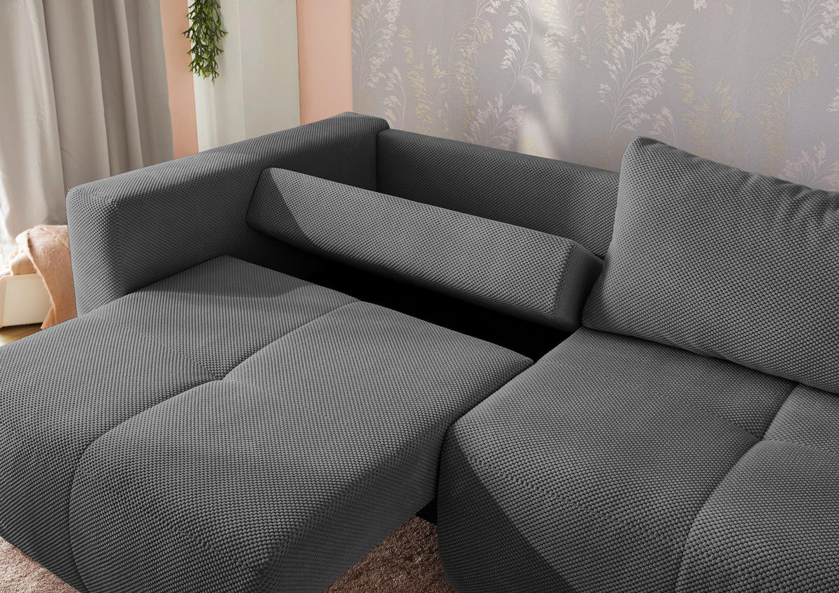 SCHLAFSOFA Verwandlung: Big-Sofa/Eckcouch, 2 Bettkästen, B243/T115-161/H84 cm, Liegefläche 145x197 cm, Waffelcord Grau / 15241 - Schwarz/Grau, Kunststoff/Textil (243/84/115cm) - luma-home