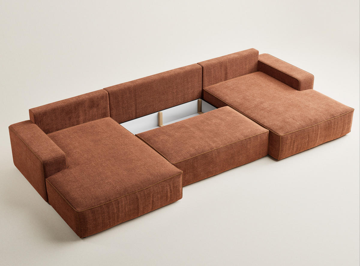 WOHNLANDSCHAFT Deseo Rostfarbe Chenille-Stoff - Rostfarben/Schwarz, Holz/Holzwerkstoff (398/70/148cm) - Maison de Reve