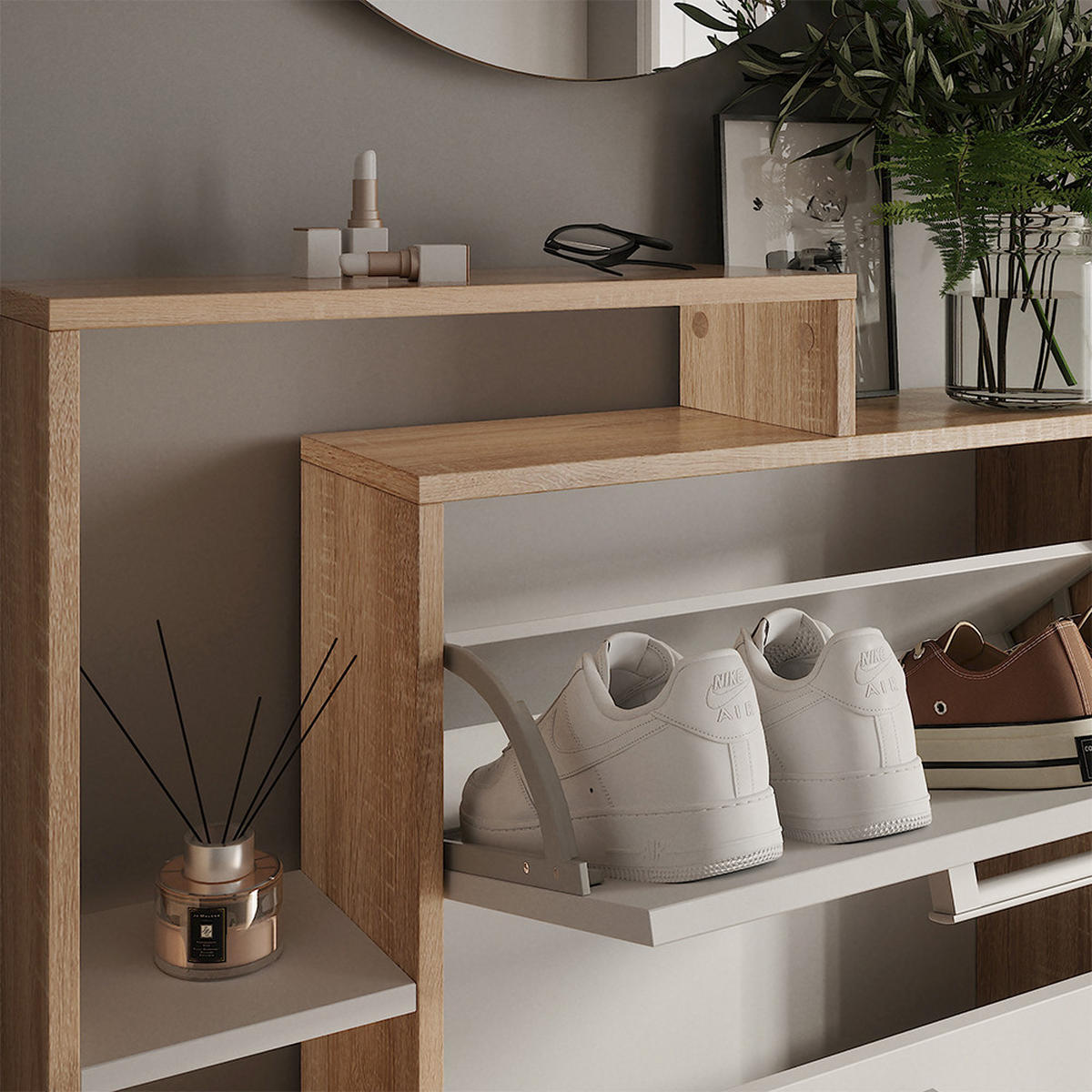 SCHUHKIPPER Orlando Weiß/Sonoma 80 x 128.3 cm mit 3 Klappfächern - Weiß/Sonoma Eiche, Holzwerkstoff (80/128.3/18.2cm) - Vicco