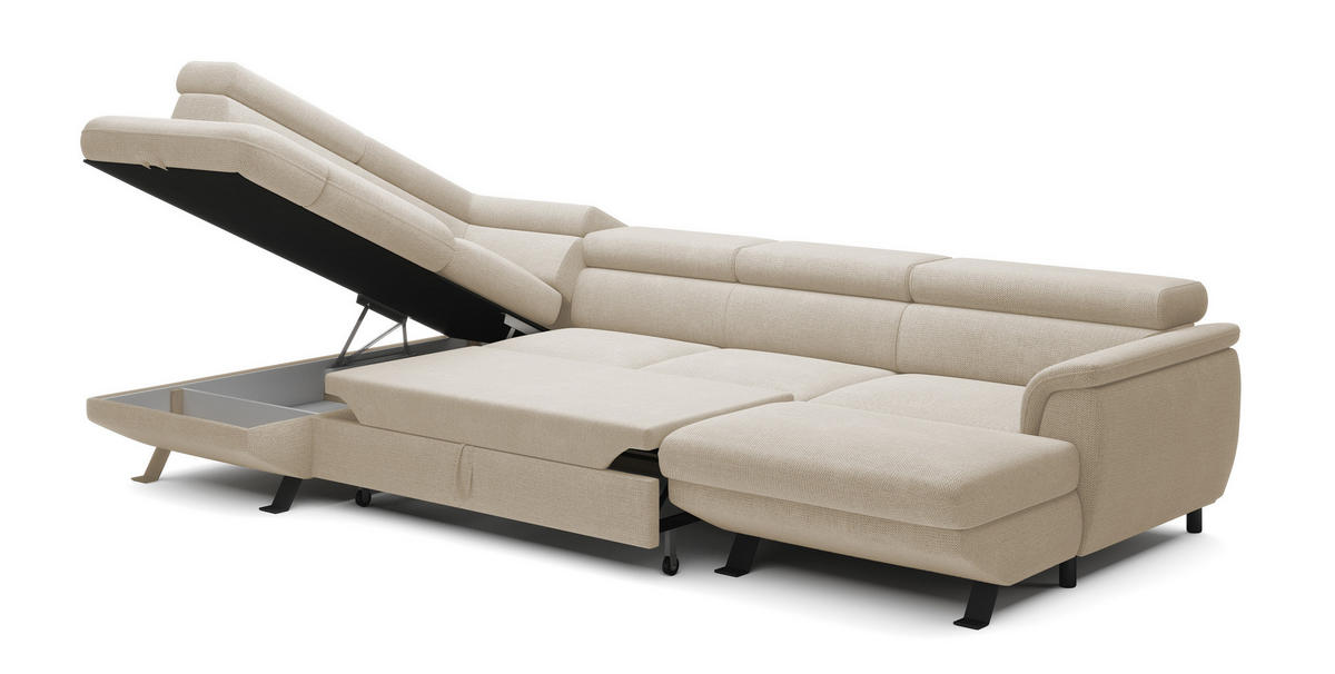 ECKSCHLAFSOFA Raven XL, Verstellbaren Kopfstützen, Bettkasten, Großes Sofa 334x198x162cm Linke, Perle - Perlmutt, Holz/Textil (198/334cm) - DomoHome