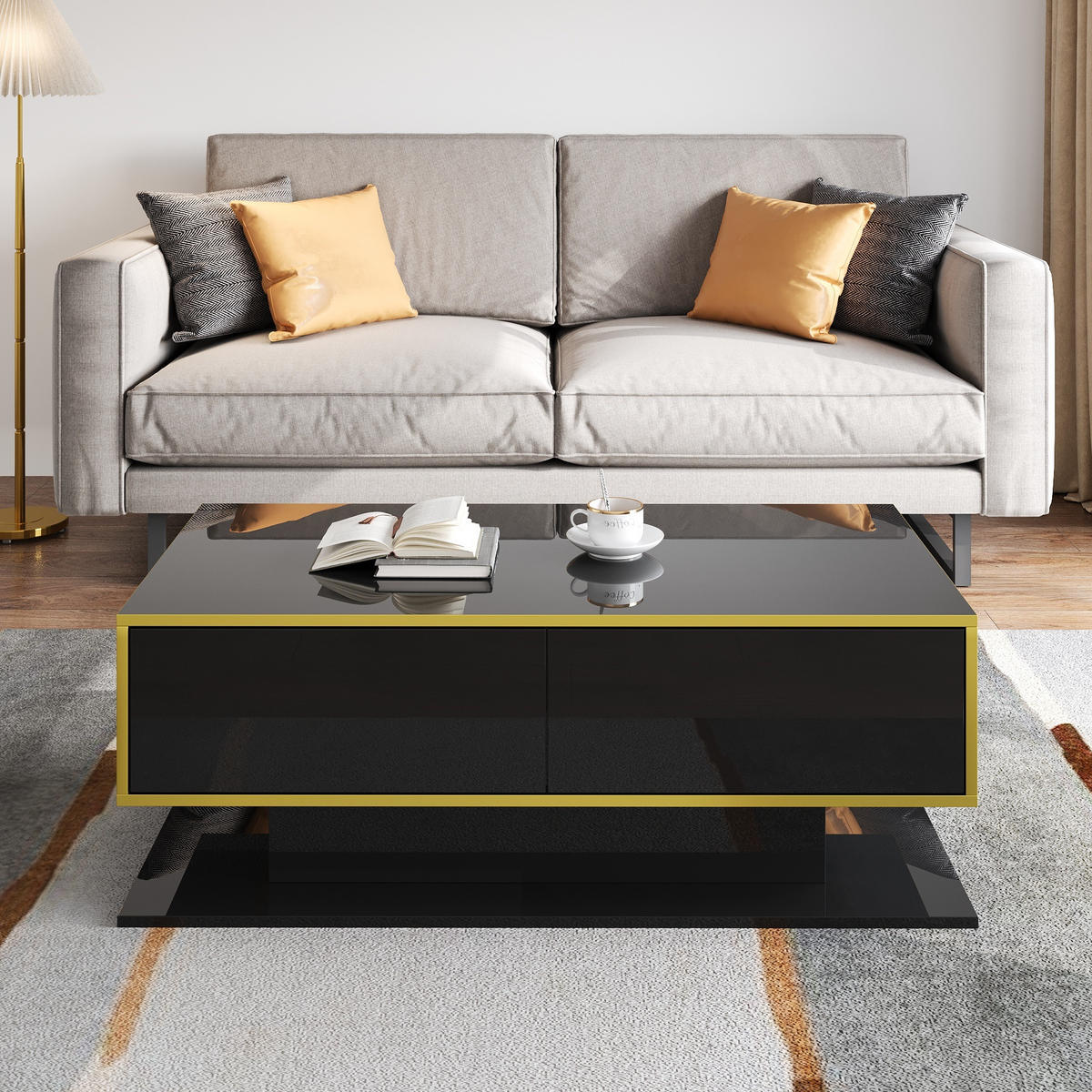 COUCHTISCH 100cm LED Hochglanz Gold 3 Schubladen modern - Schwarz, Holzwerkstoff (100/50/40cm) - FLIEKS