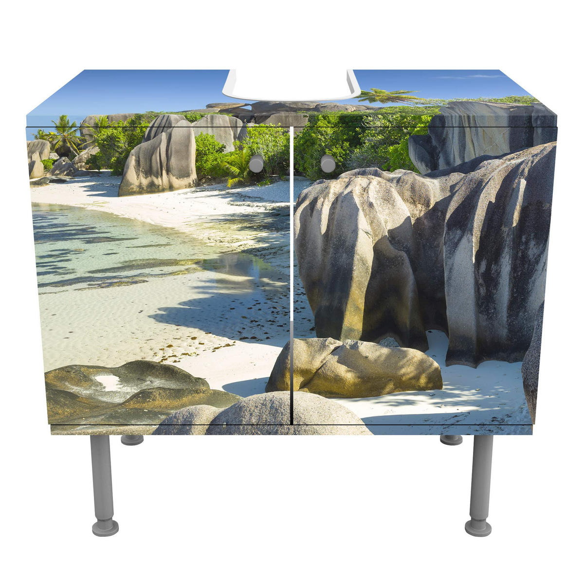 WASCHBECKENUNTERSCHRANK Traumstrand Seychellen 60/55/35 cm - Blau, Holzwerkstoff (60/55/35cm) - Bilderwelten