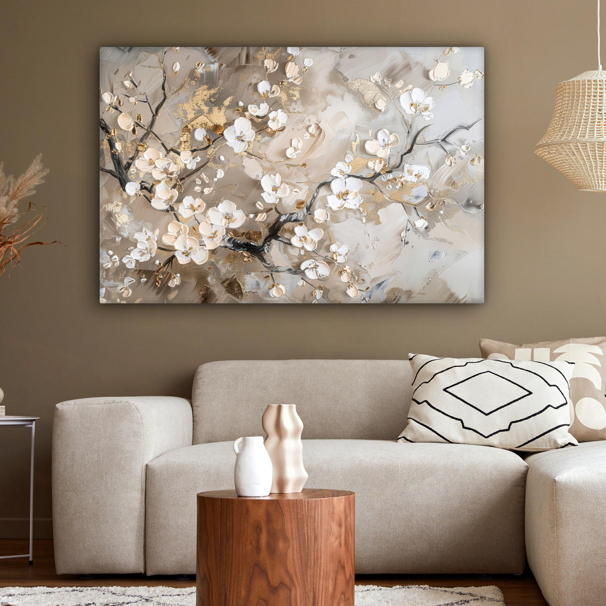 OBRAZ NA PLÁTNE Kvety - biela - zlatá - béžová - luxusná 120x80 cm - sivobéžová, textil (120/80cm) - MuchoWow