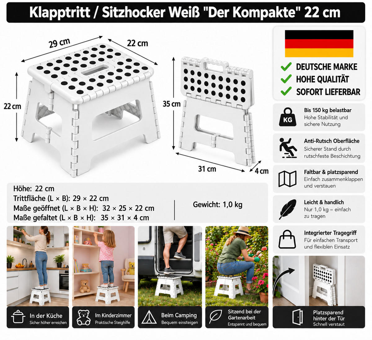 KLAPPHOCKER, Klapptritt 22 cm für Kinder faltbar bis 150 kg Weiß - Weiß, Paraffin (25/22/32cm)
