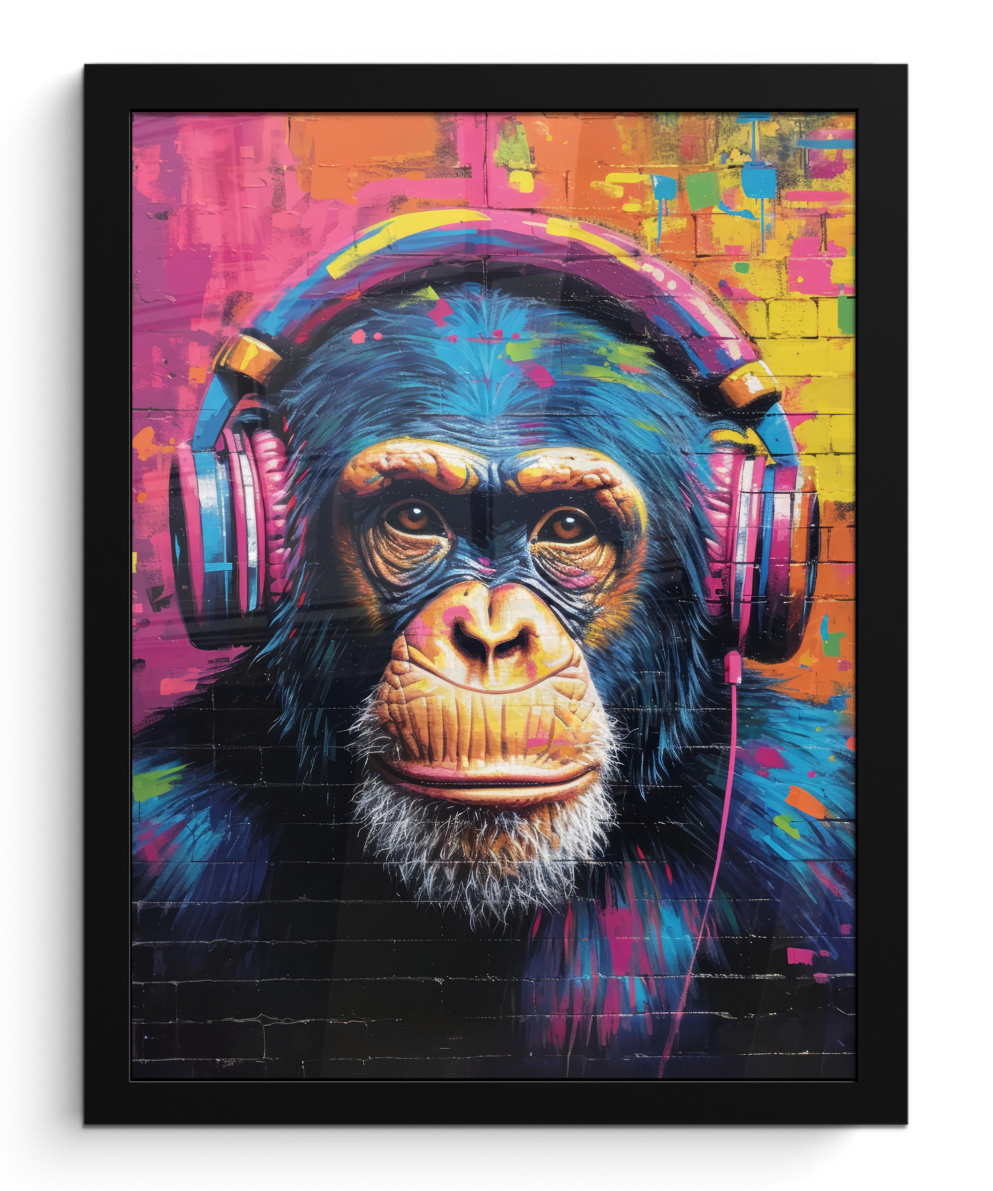 GERAHMTES BILD Graffiti - Schimpanse - Straßenkunst - Kopfhörer - Affe 30x40 cm - Blau, Papier (30/40cm) - MuchoWow