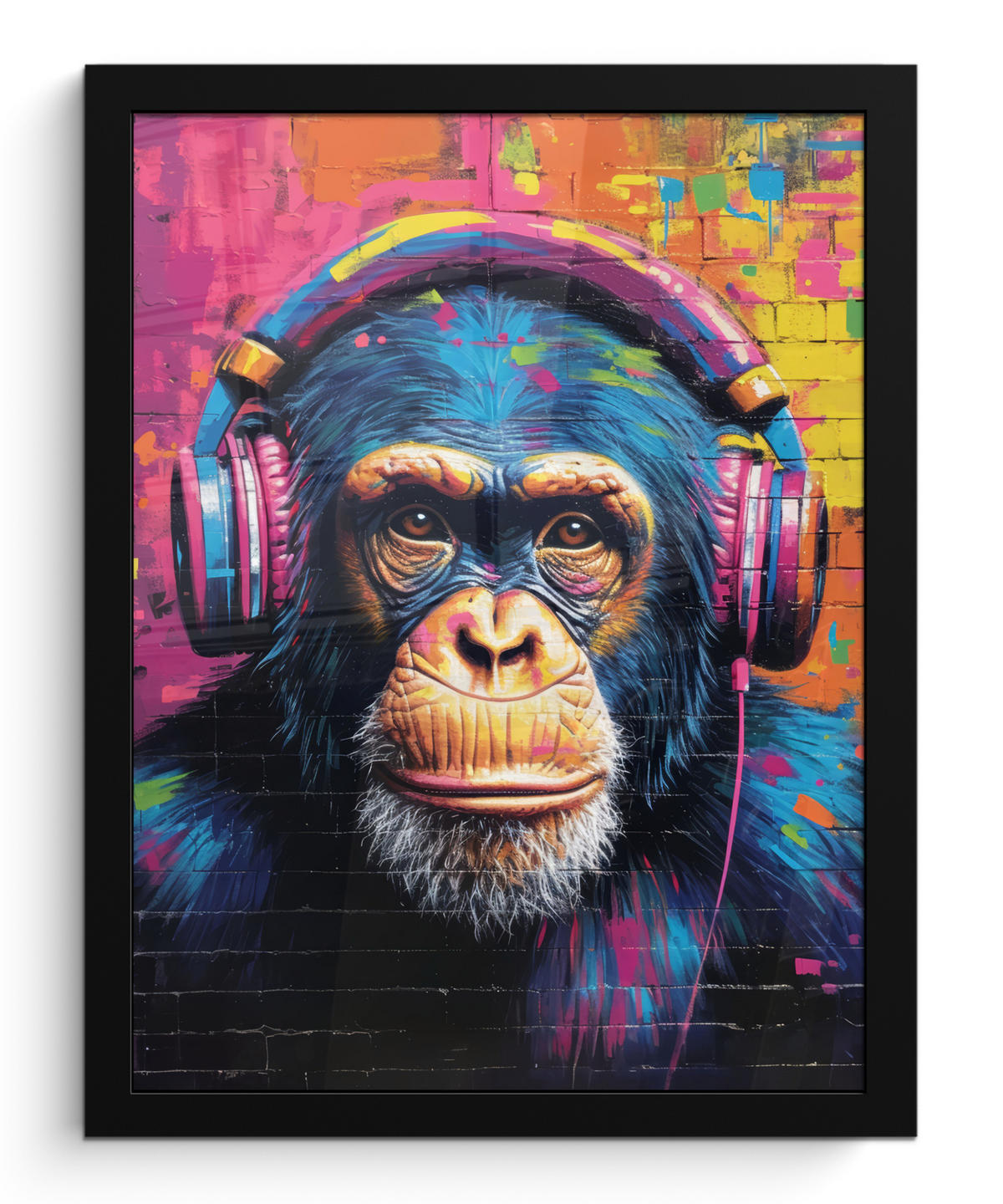 GERAHMTES BILD Graffiti - Schimpanse - Straßenkunst - Kopfhörer - Affe 30x40 cm - Blau, Papier (30/40cm) - MuchoWow