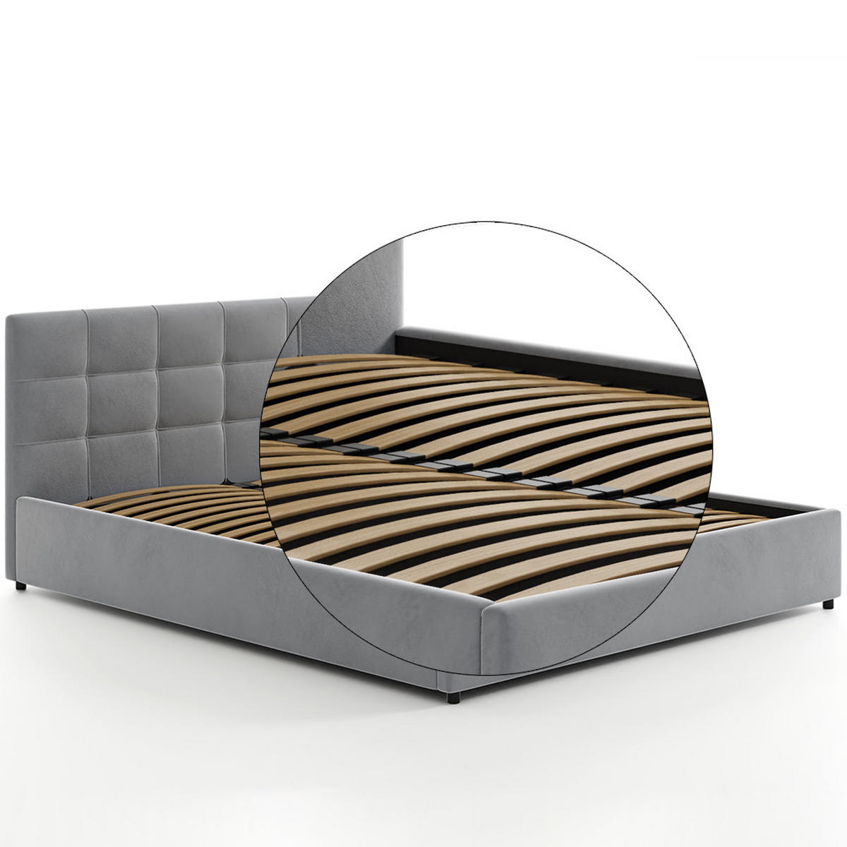 POLSTERBETT 140×200 mit Bettkasten und Lattenrost Mira HLR-22 Grau Velours - Grau, Holz (140/200cm) - Jana