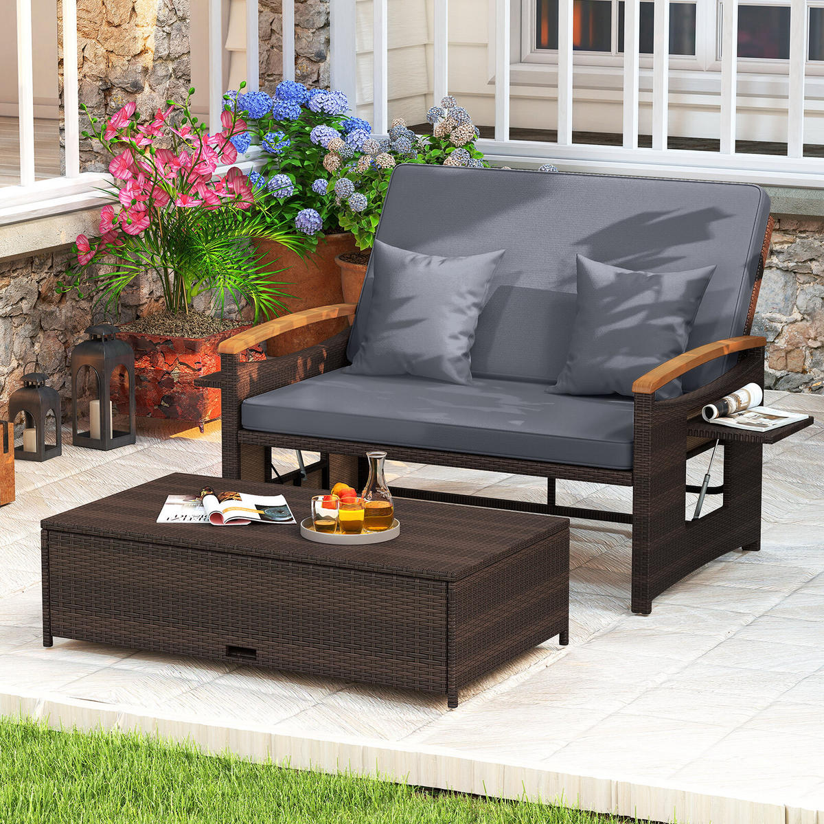 SLUNEČNÍ LEHÁTKO proutěné dvoulůžkové šedá - šedá, kov (164/88/72cm) - COSTWAY