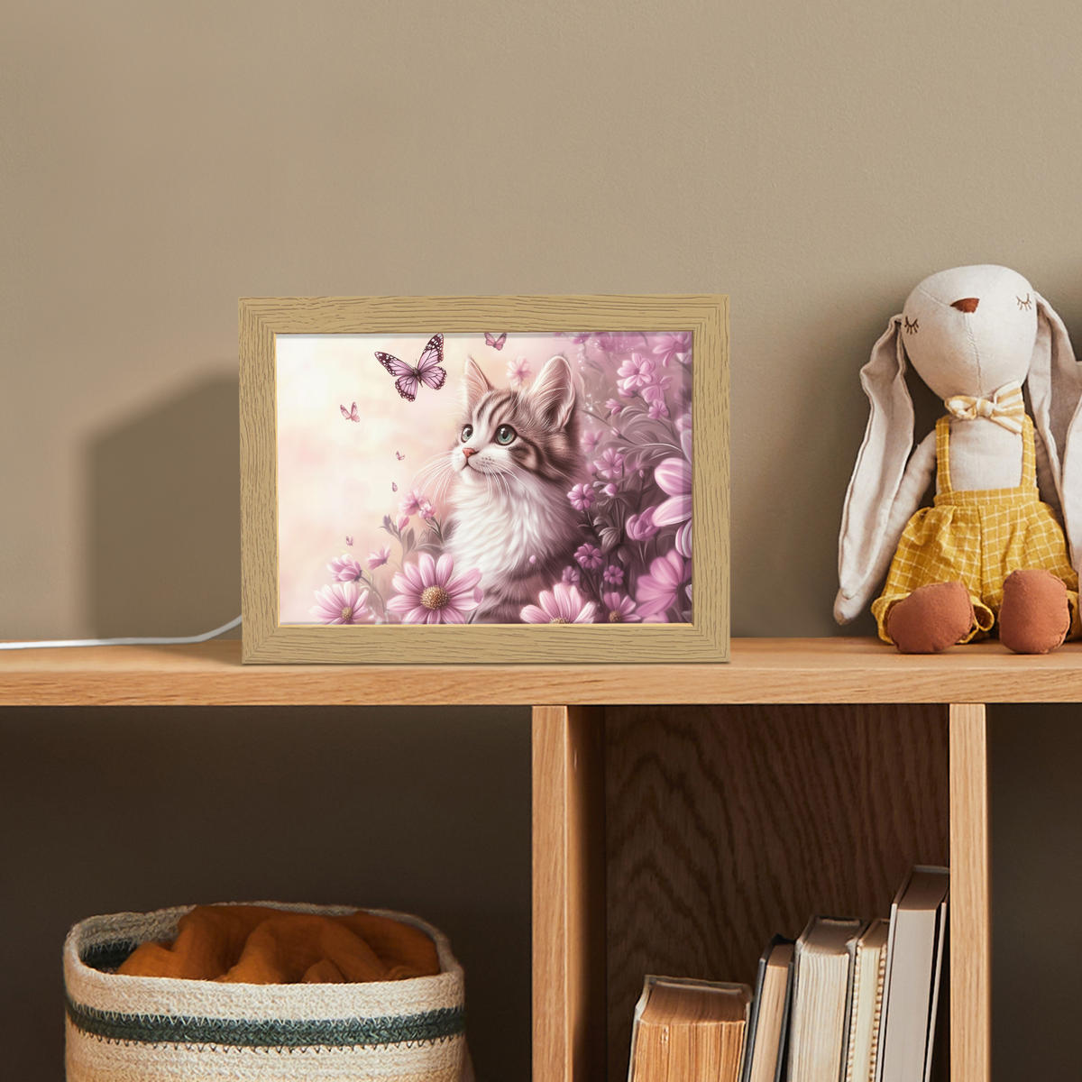 NACHTTISCHLAMPE Kätzchen - Blumen - Schmetterlinge - Lila 20x15 cm - Altrosa, Holzwerkstoff (8/20/15cm)