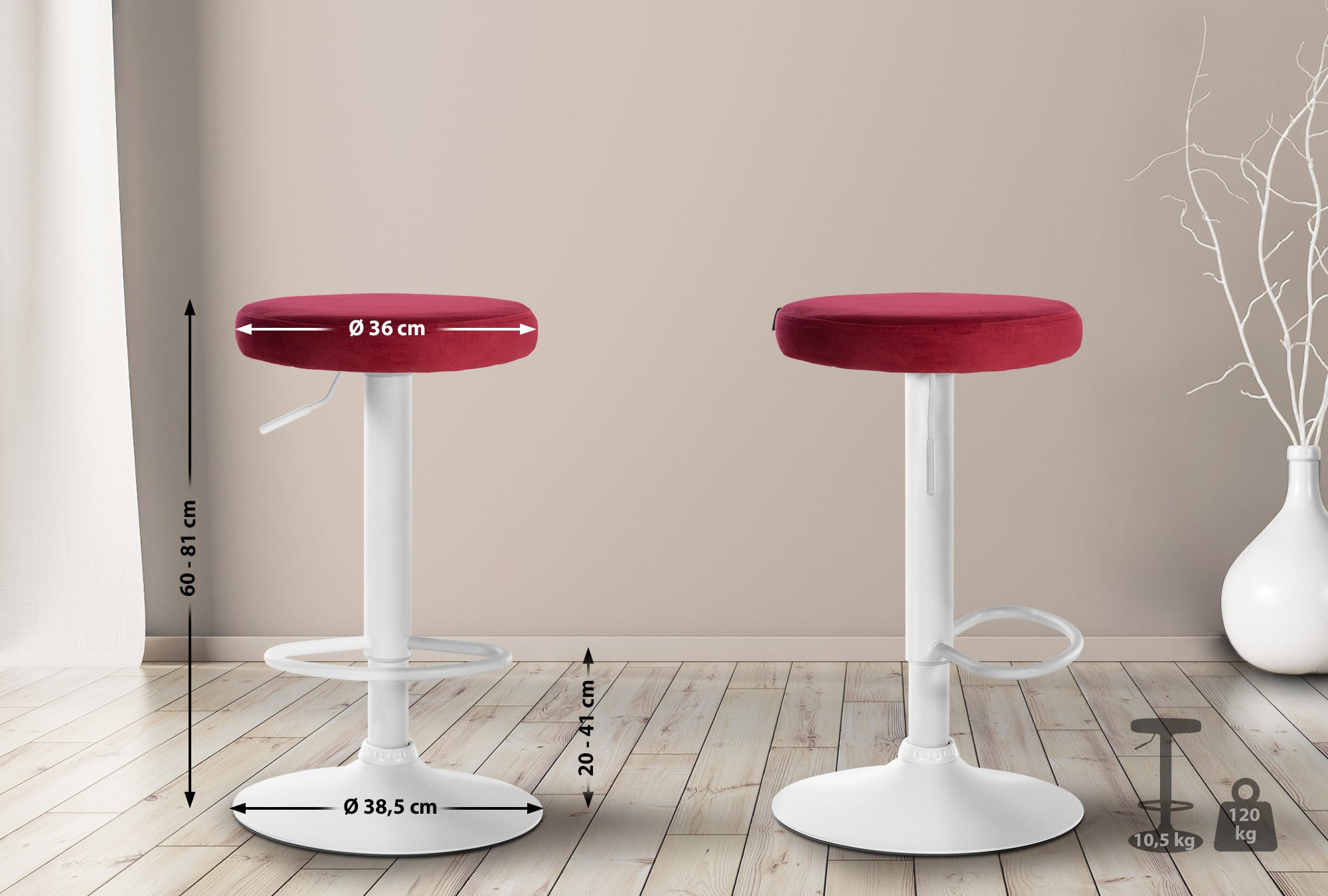 BARHOCKER Samt rot - Rot/Weiß, Textil/Metall (38.5/60/38.5cm) - CLP