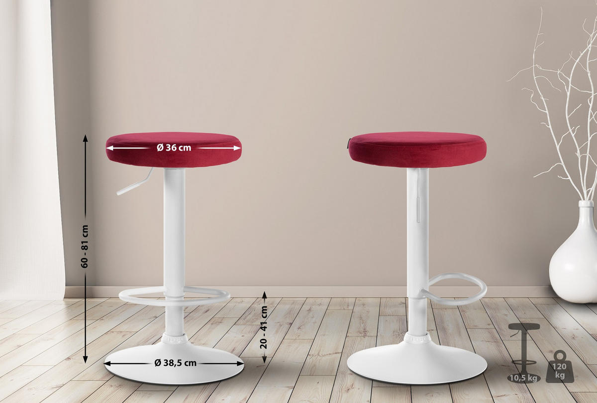 BARHOCKER Samt rot - Rot/Weiß, Textil/Metall (38.5/60/38.5cm) - CLP